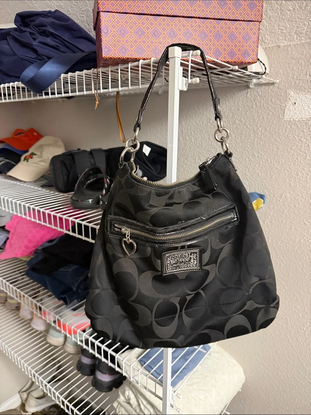 Coach Black Signature Hobo with Heart Zip Charm